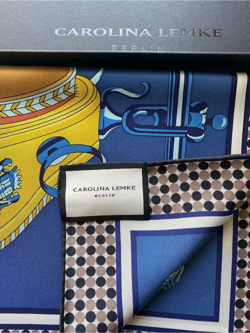 NEW Carolina Lemke Blue Print Silk Equestrian Motif Scarf